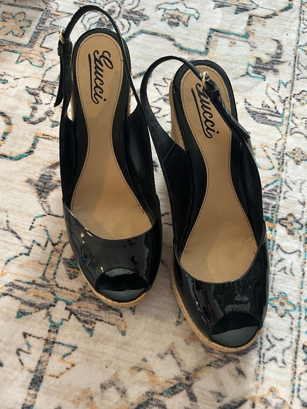 Gucci Black Patent Leather Espadrille Slingback Wedges